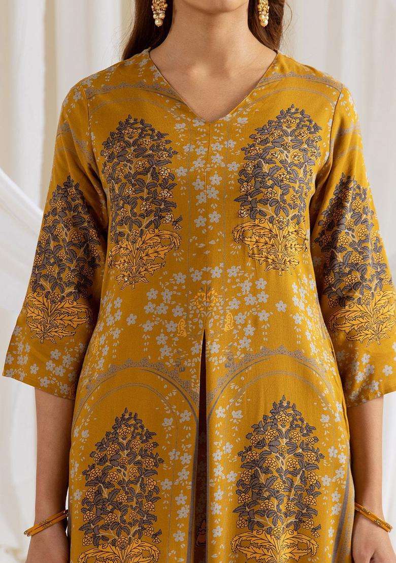 Mustard Printed Viscose Kurta Set - Indya
