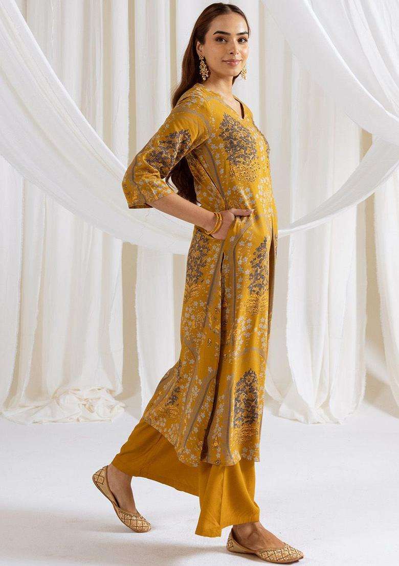 Mustard Printed Viscose Kurta Set - Indya