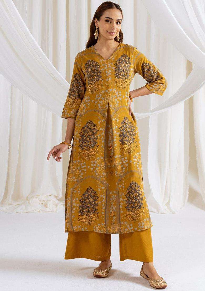 Mustard Printed Viscose Kurta Set - Indya