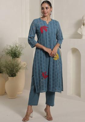 Blue Self Design Cotton Kurta Set