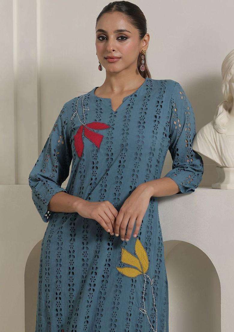 Blue Self Design Cotton Kurta Set - Indya
