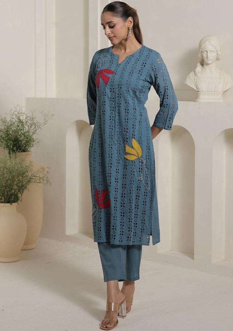 Blue Self Design Cotton Kurta Set - Indya