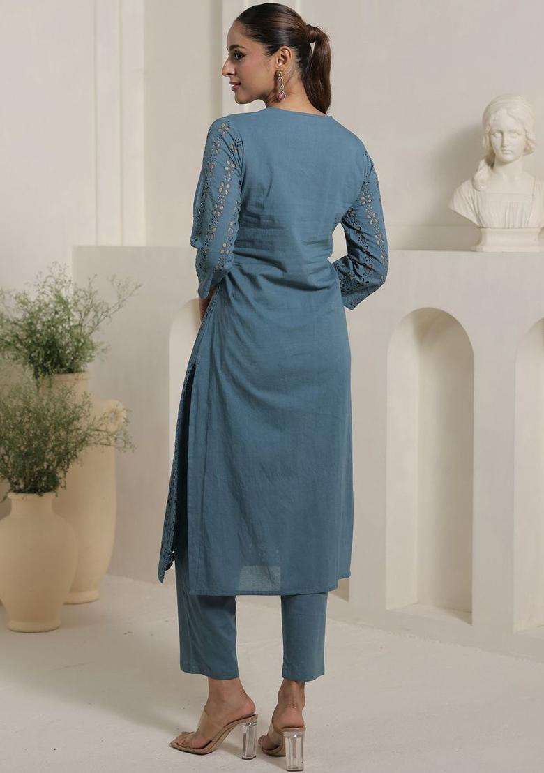 Blue Self Design Cotton Kurta Set - Indya