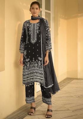Black Printed Silk Blend Kurta Set