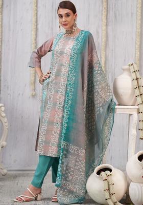 Turquoise Blue Printed Viscose Kurta Set