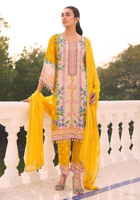 Yellow Printed Silk Blend Kurta Set