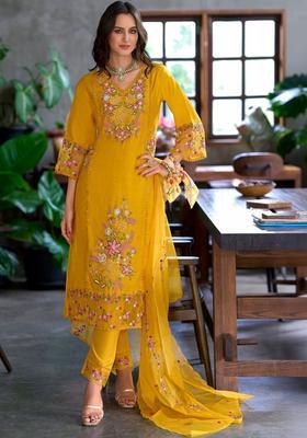 Yellow Embroidered Cotton Kurta Set