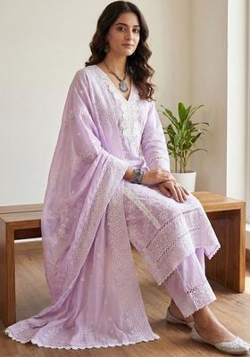 Lavender Embroidered Cotton Kurta Set
