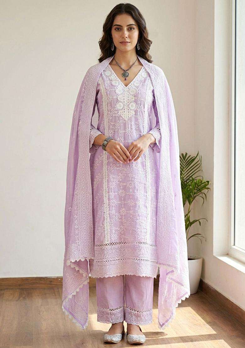 Lavender Embroidered Cotton Kurta Set - Indya