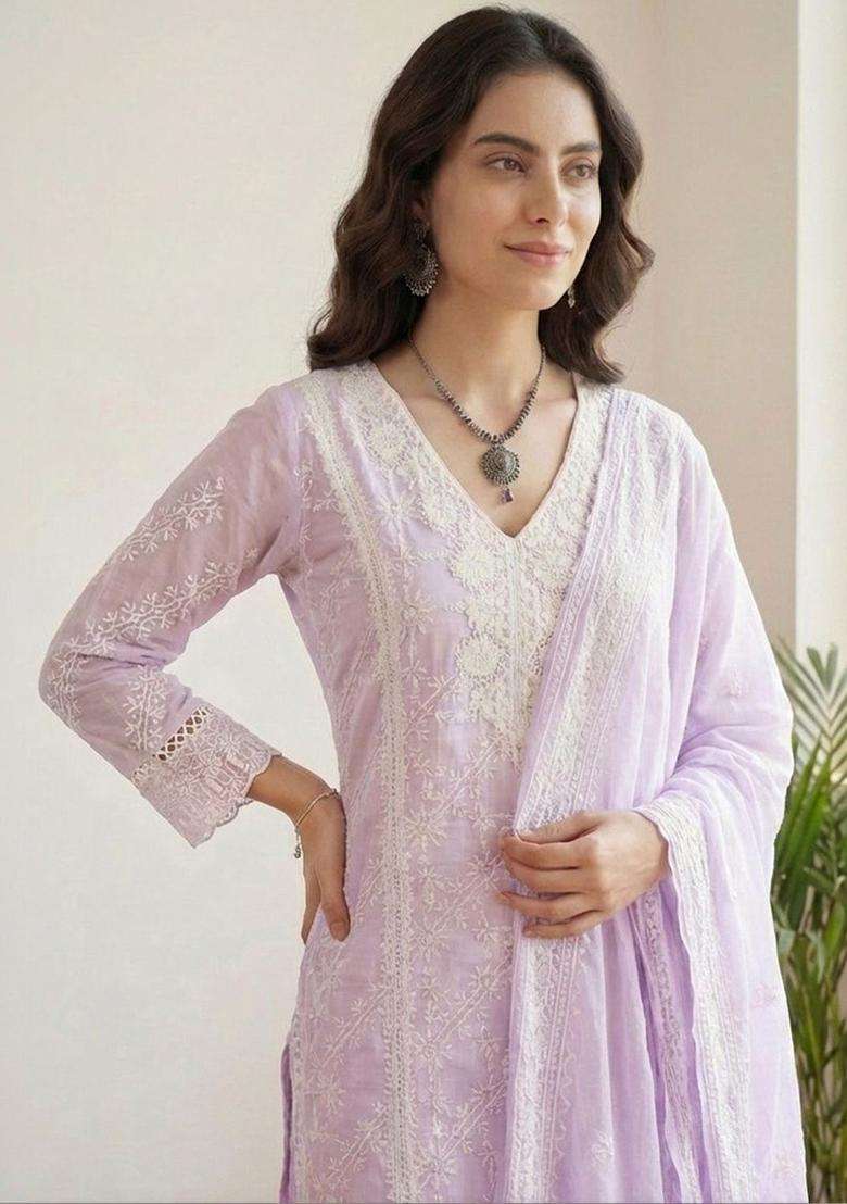 Lavender Embroidered Cotton Kurta Set - Indya