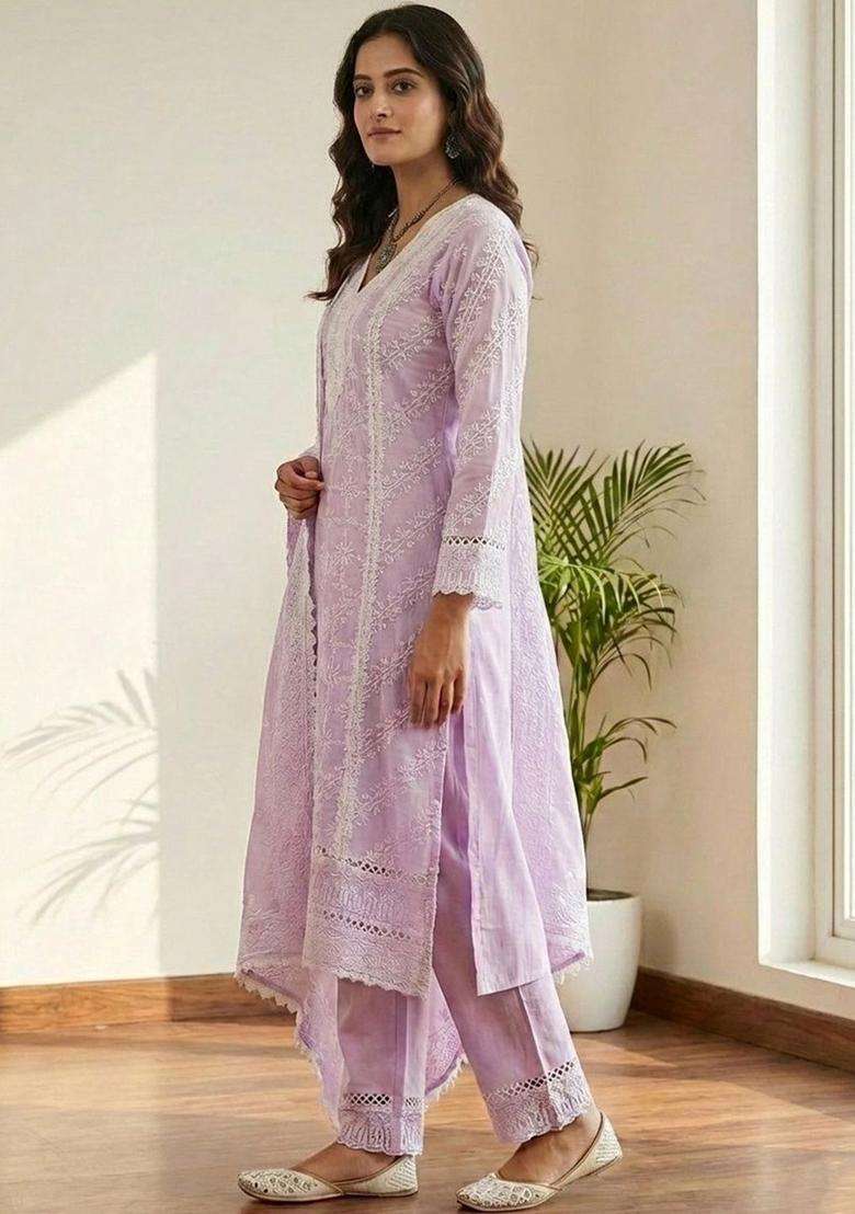 Lavender Embroidered Cotton Kurta Set - Indya