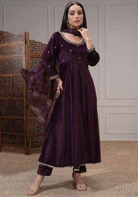 Purple Embroidered Polyester Kurta Set