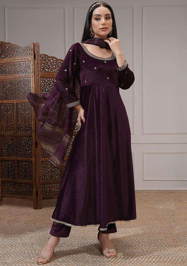 Purple Embroidered Polyester Kurta Set - Indya
