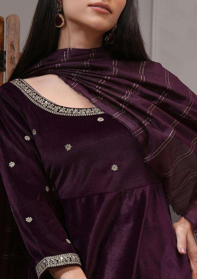 Purple Embroidered Polyester Kurta Set - Indya