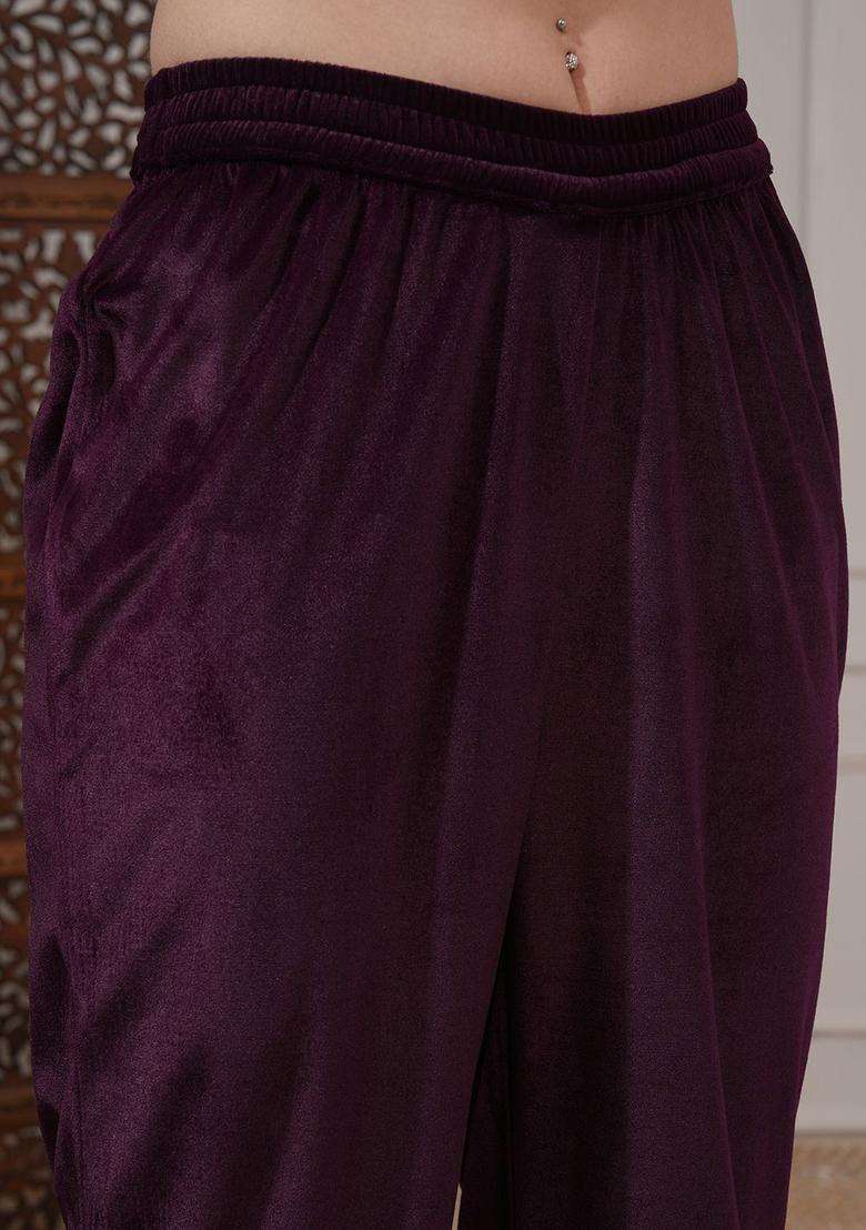 Purple Embroidered Polyester Kurta Set - Indya
