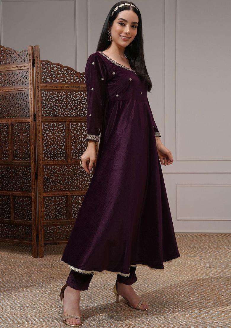 Purple Embroidered Polyester Kurta Set - Indya