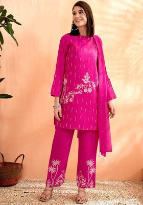 Fuchsia Embroidered Silk Kurta Set