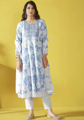 Blue Embroidered Viscose Anarkali Set