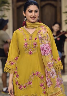 Mustard Embroidered Cotton Kurta Set
