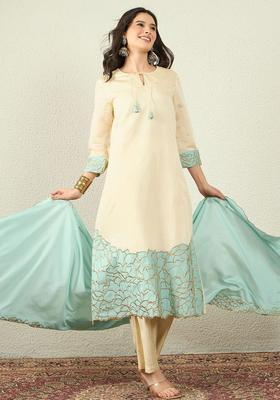 Cream Embroidered Silk Blend Kurta Set