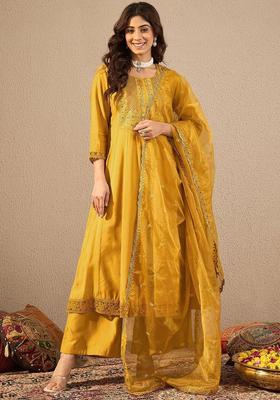 Mustard Embroidered Silk Blend Anarkali Set