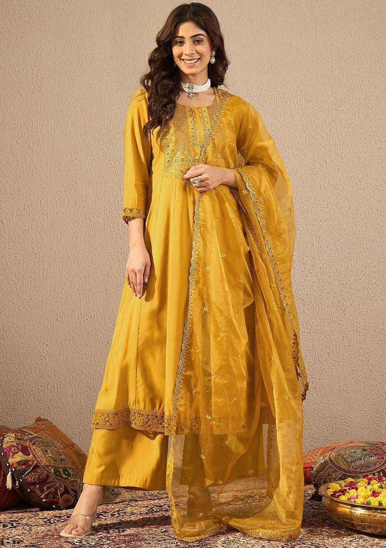 Mustard Embroidered Silk Blend Anarkali Set - Indya