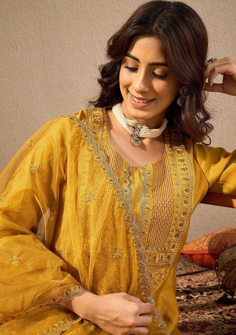 Mustard Embroidered Silk Blend Anarkali Set - Indya