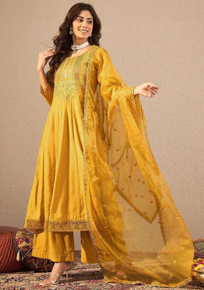 Mustard Embroidered Silk Blend Anarkali Set - Indya