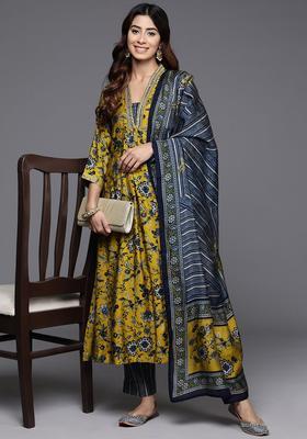 Mustard Printed Silk Blend Kurta Set
