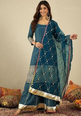 Teal Embroidered Viscose Sharara Set