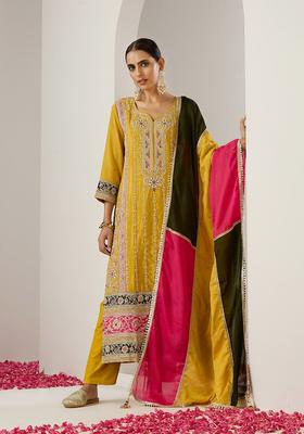 Mustard Embroidered Chinon Kurta Set