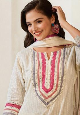 Off White Printed Cotton Kurta Set