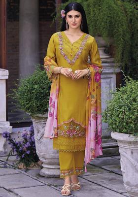Mustard Embroidered Cotton Kurta Set