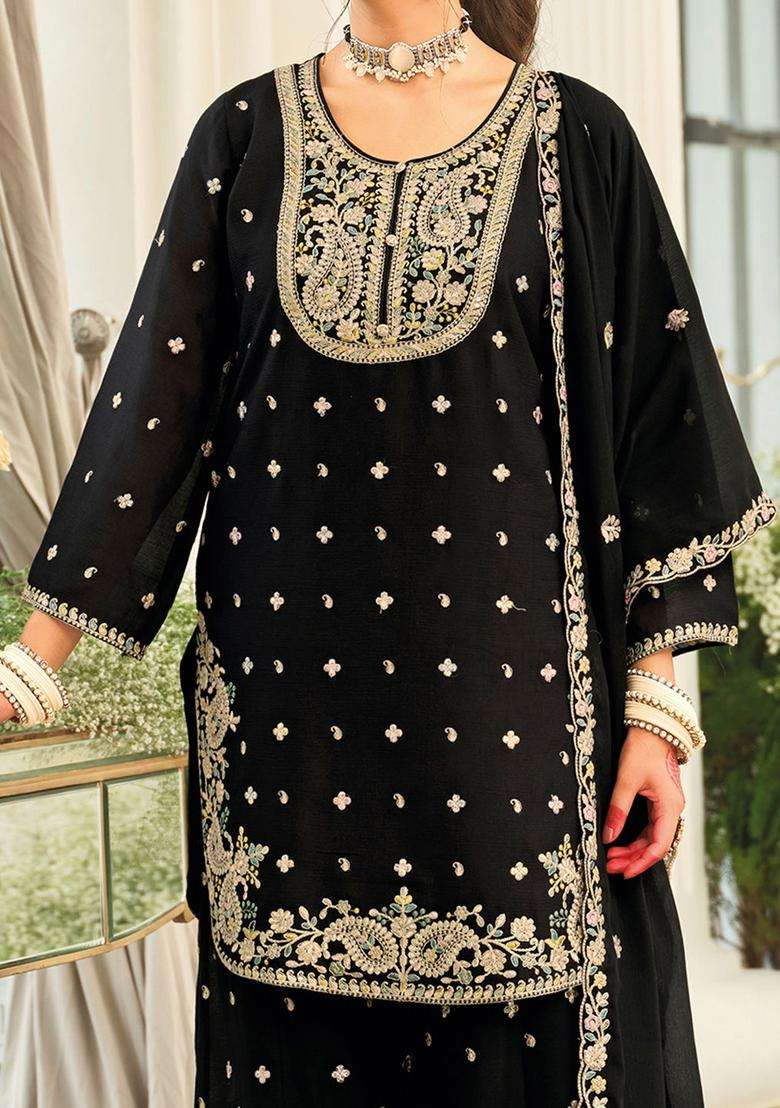 Black Embroidered Chinon Kurta Set - Indya