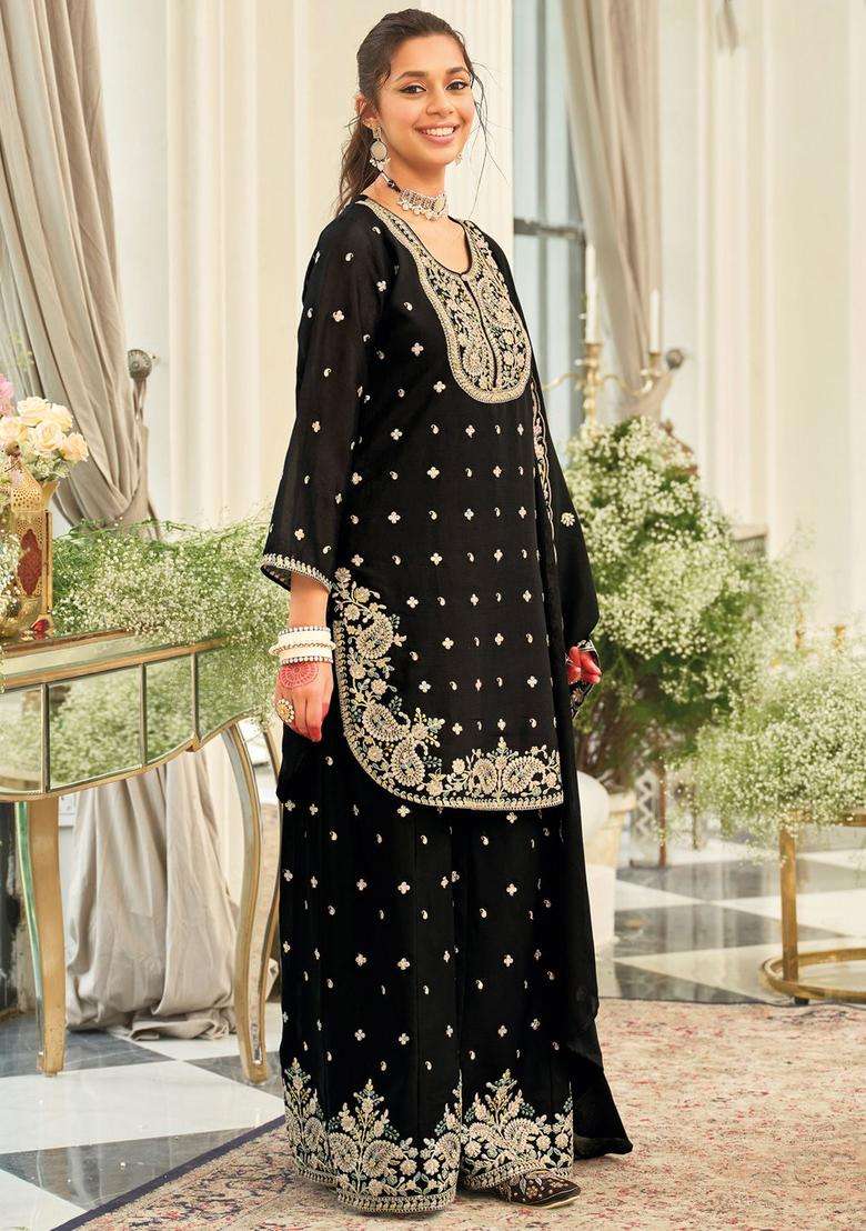 Black Embroidered Chinon Kurta Set - Indya