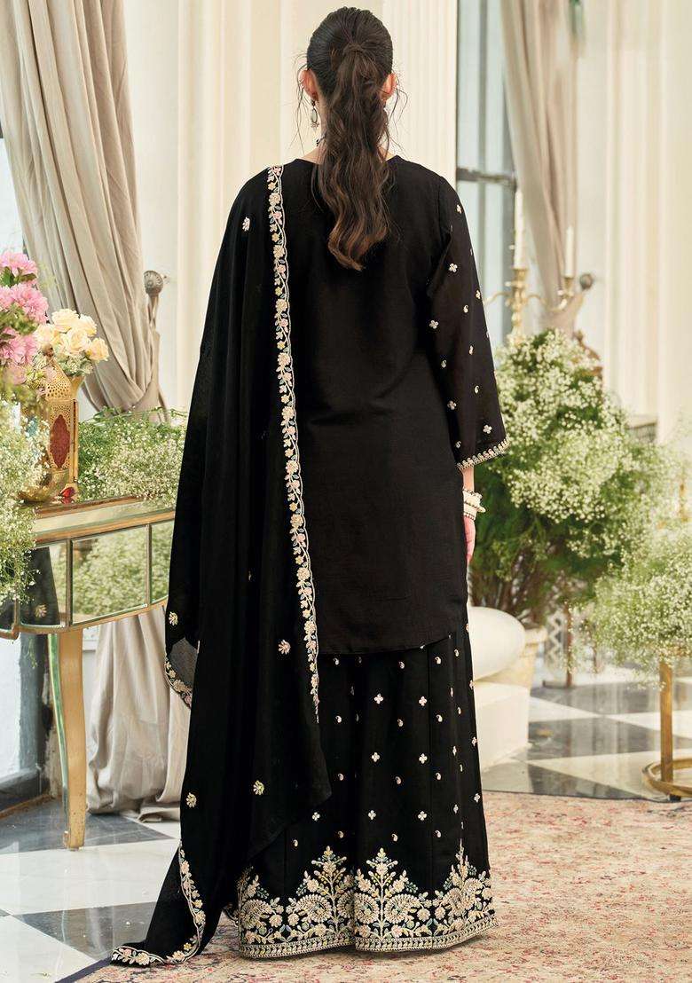 Black Embroidered Chinon Kurta Set - Indya
