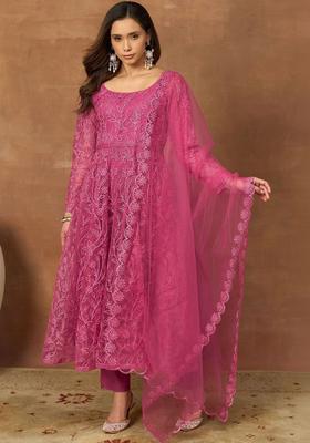 Pink Embroidered Net Kurta Set