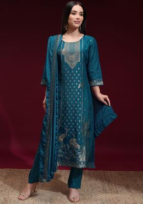Teal Woven Design Viscose Kurta Set