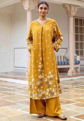 Mustard Printed Viscose Kurta Set