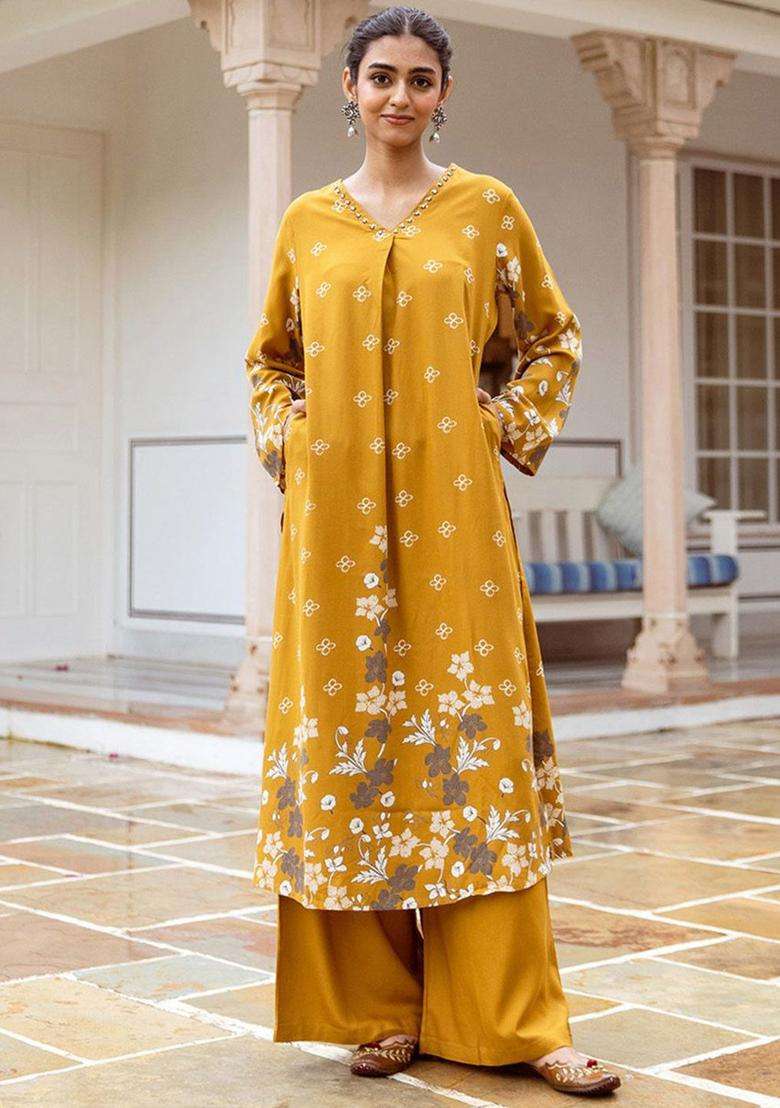Mustard Printed Viscose Kurta Set - Indya
