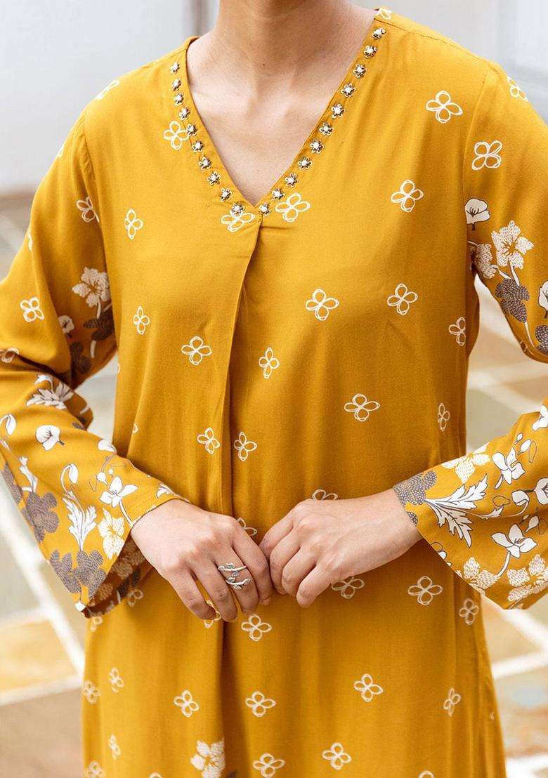 Mustard Printed Viscose Kurta Set - Indya