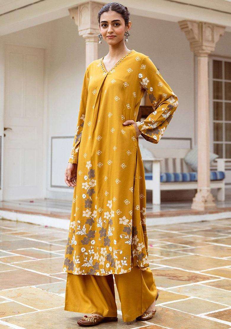 Mustard Printed Viscose Kurta Set - Indya