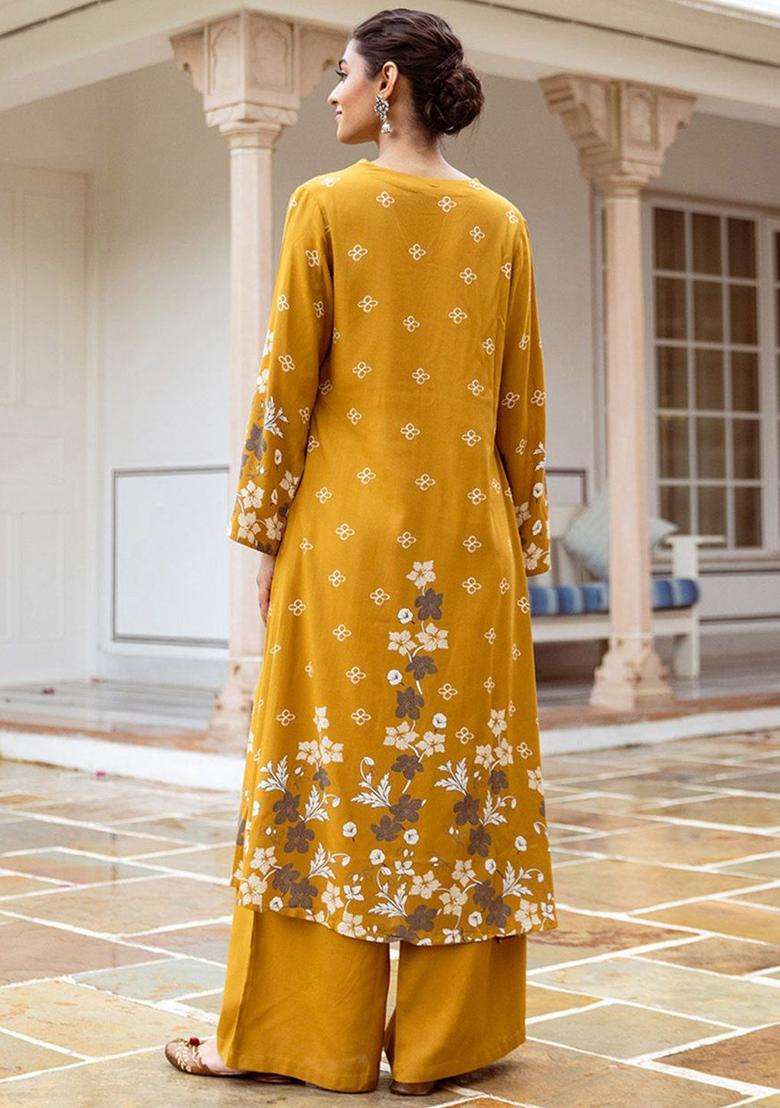Mustard Printed Viscose Kurta Set - Indya