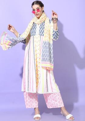 White Printed Viscose Kurta Set