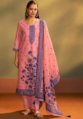 Pink Printed Silk Blend Kurta Set
