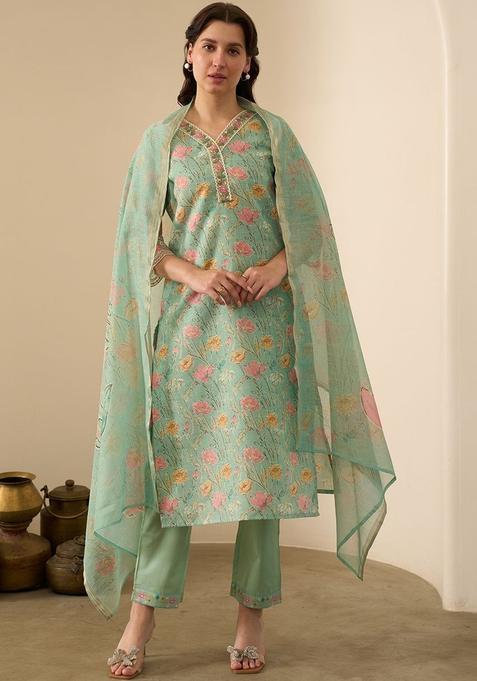 Sea Green Printed Linen Kurta Set — view on Indya