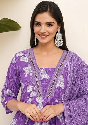 Purple Printed Cotton Kurta Set