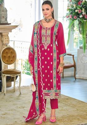 Pink Embroidered Chinon Kurta Set