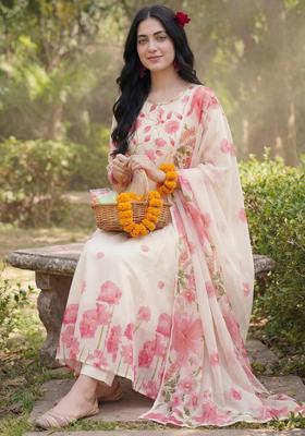 Off White Printed Cotton Kurta Set