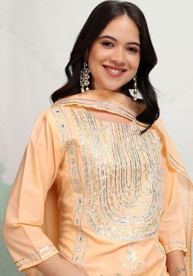 Peach Embroidered Cotton Kurta Set